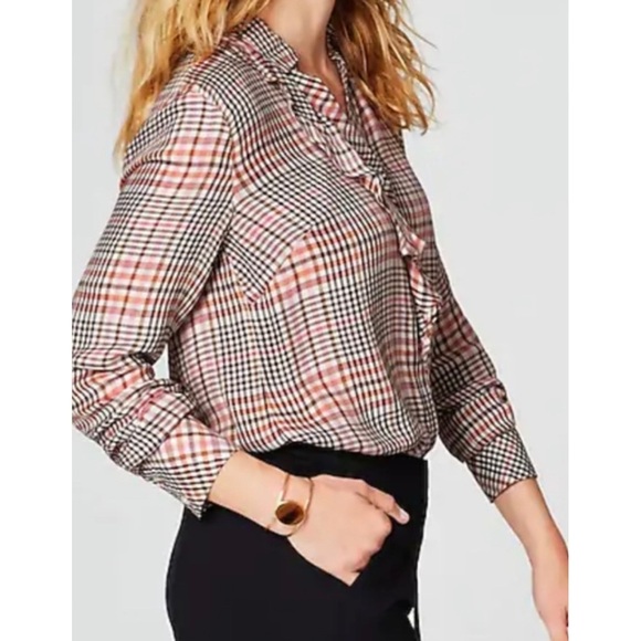 J Jill Ruffled Plaid Button Down Shirt Blouse Tea Rose L - Picture 6 of 16